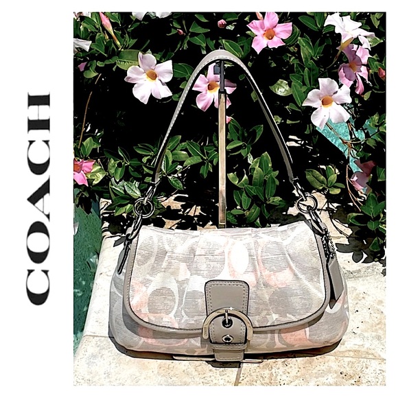 Coach SoHo Optic Pastel Sig C Grey & Peach w/Leather Trim Linen Flap Buckle Hobo - Picture 1 of 16